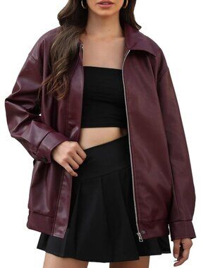 Women's Burgundy Poly urethane Oversized Motorcycle Zipper Casual Leather Jacket